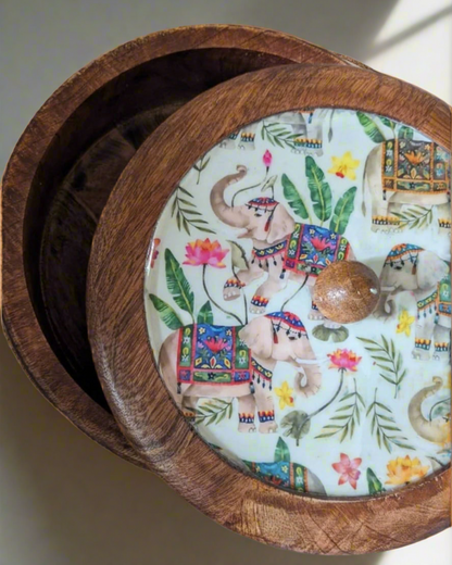 Handcrafted Round Wooden Storage Box with Floral Print Lid – Multipurpose Box for Kitchen, Snacks, Dry Fruits & Biscuits | Wild Bloom Collection