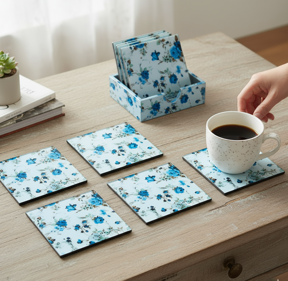 Handcrafted Square MDF Coasters – Set of 6 coasters | Durable & Stylish Drink Coasters | Blue Petal Collection