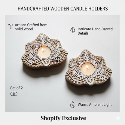 Hand-Carved Lotus Wooden Candle Holders - Illuminate Your Space with Artisanal Charm (Set of 2)