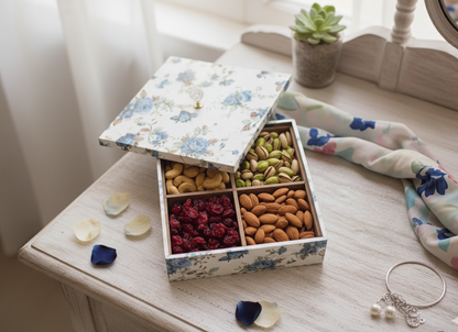 Handcrafted Wooden Tea/ Dry Fruit Box with 4 Compartments – Printed Lid | Multipurpose Storage Organizer | Blue Petal Collection