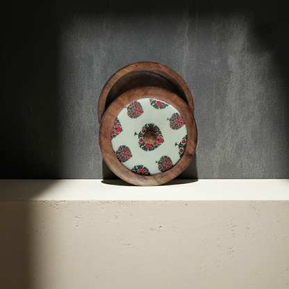 Handcrafted Round Wooden Storage Box with Floral Print Lid – Multipurpose Box for Kitchen, Snacks, Dry Fruits & Biscuits - Hue of Red Collection