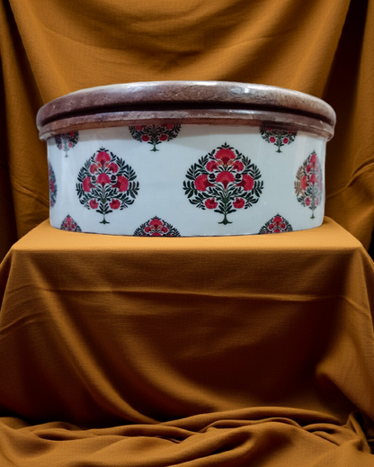 Handcrafted Round Wooden Storage Box with Floral Print Lid – Multipurpose Box for Kitchen, Snacks, Dry Fruits & Biscuits - Hue of Red Collection