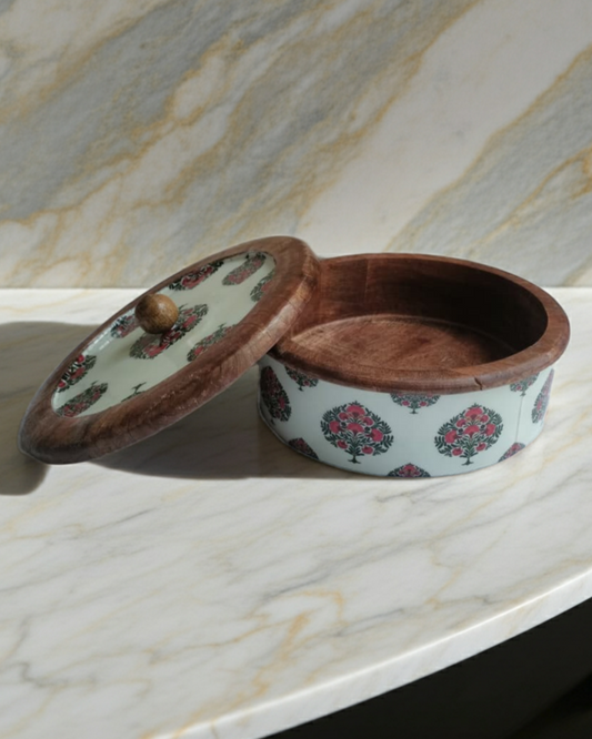 Handcrafted Round Wooden Storage Box with Floral Print Lid – Multipurpose Box for Kitchen, Snacks, Dry Fruits & Biscuits - Hue of Red Collection
