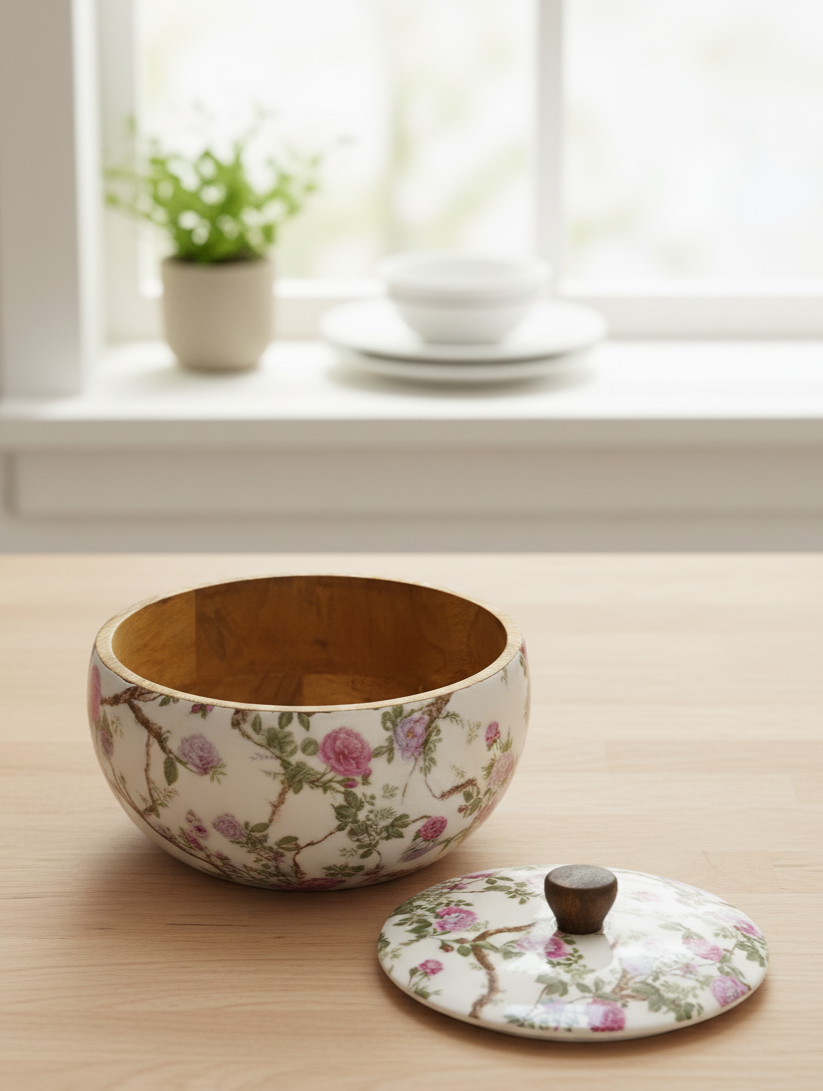 "Phoolon Sa" Mango wooden Casserole/ Roti Bix - Handcrafted Servign dish with Lid