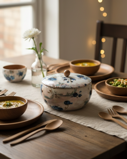 Blue Petal Handcrafted wooden Casserole/ Roti Box with Lid