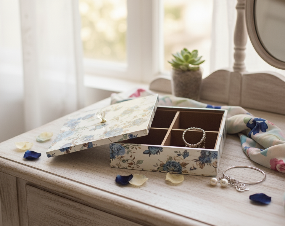 Handcrafted Wooden Tea/ Dry Fruit Box with 4 Compartments – Printed Lid | Multipurpose Storage Organizer | Blue Petal Collection