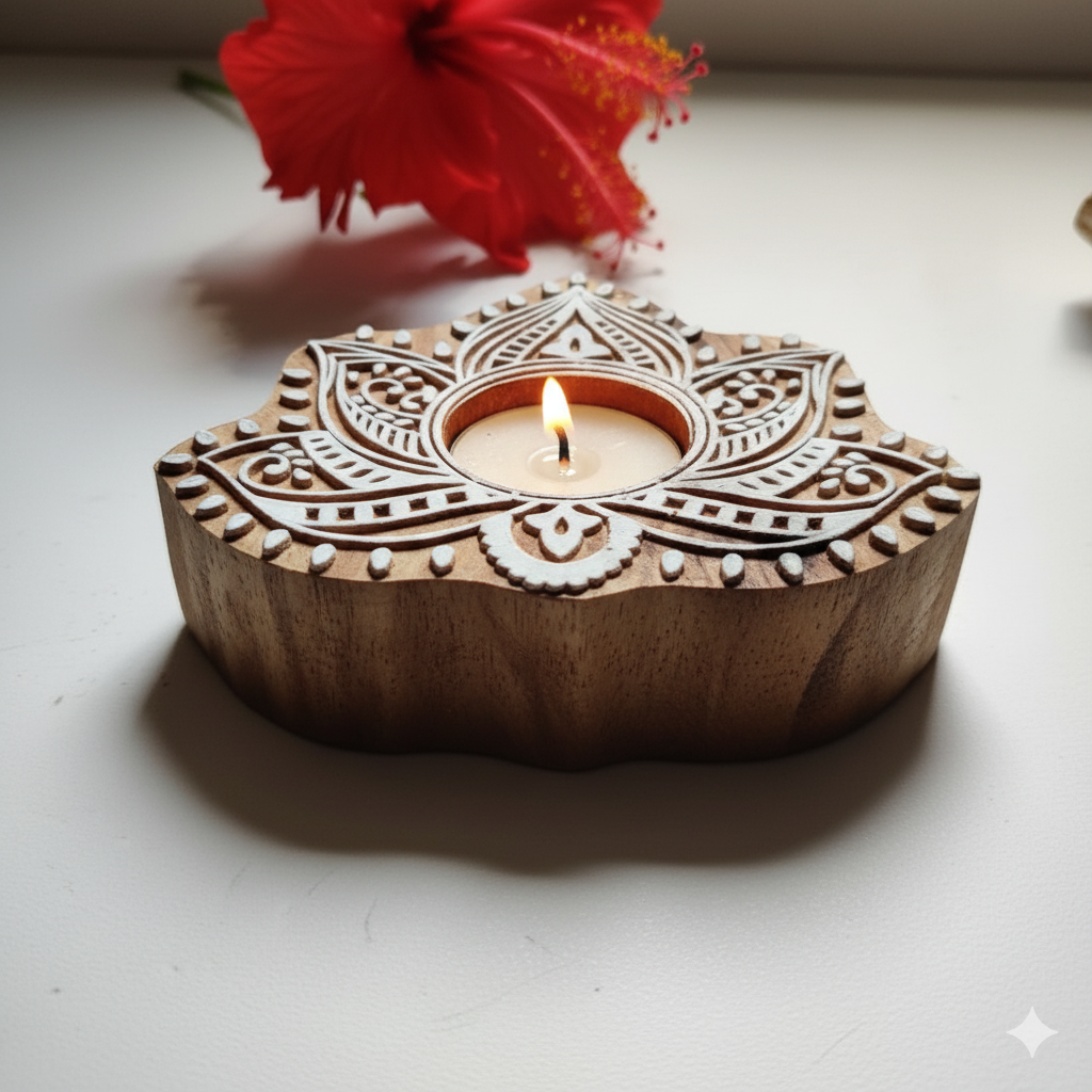 Hand-Carved Lotus Wooden Candle Holders - Illuminate Your Space with Artisanal Charm (Set of 2)