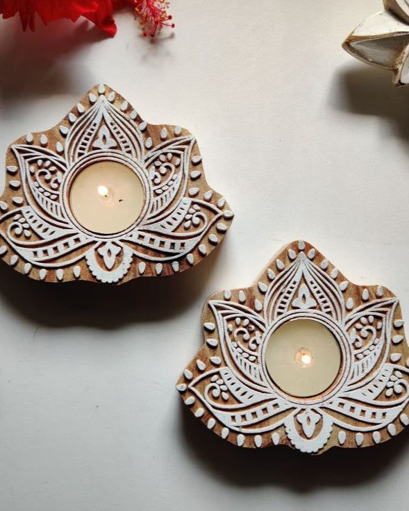 Hand-Carved Lotus Wooden Candle Holders - Illuminate Your Space with Artisanal Charm (Set of 2)