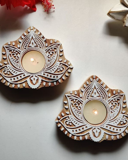 Hand-Carved Lotus Wooden Candle Holders - Illuminate Your Space with Artisanal Charm (Set of 2)