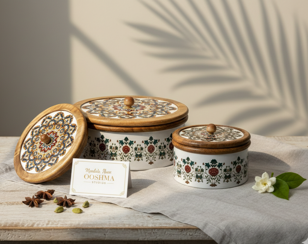 Concentric Mandala Handcrafted Wooden Casserole Set (Small & Large) - Mandala Muse Collection