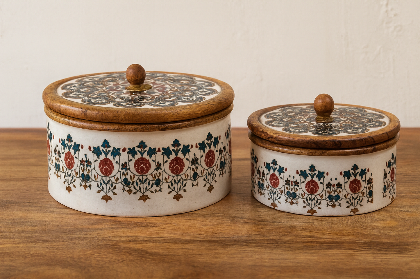 Concentric Mandala Handcrafted Wooden Casserole Set (Small & Large) - Mandala Muse Collection