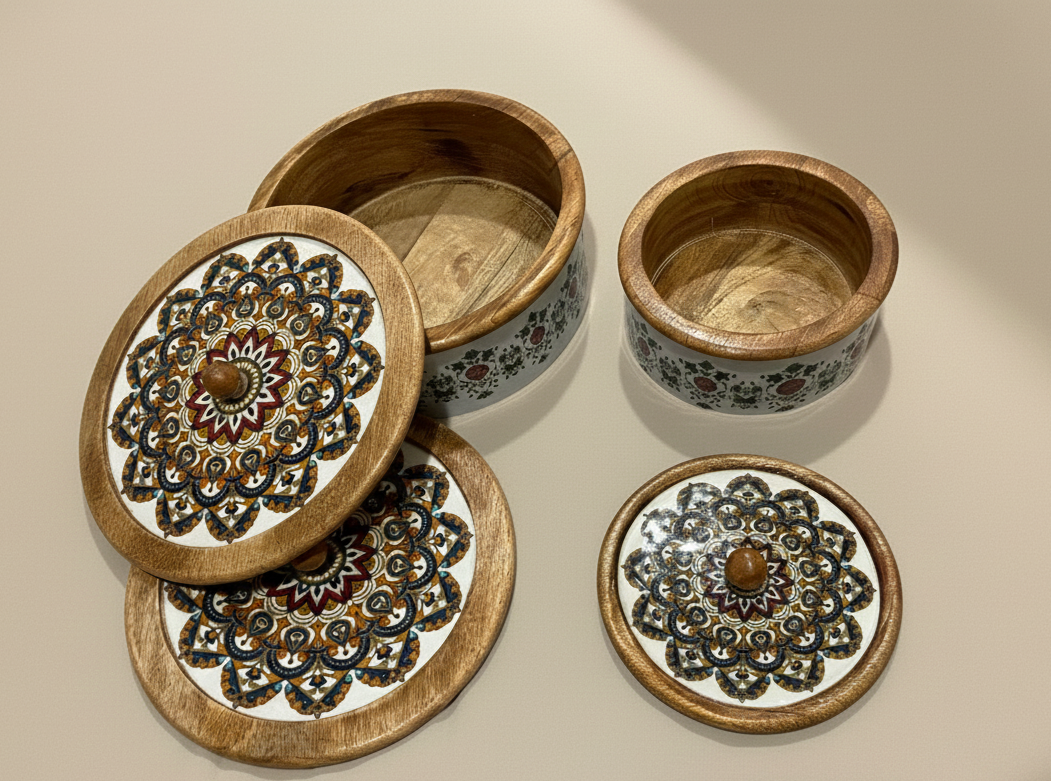 Concentric Mandala Handcrafted Wooden Casserole Set (Small & Large) - Mandala Muse Collection