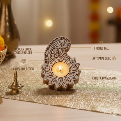 Hand-Carved Paisley Wooden Tea Light Holder (Set of 2)