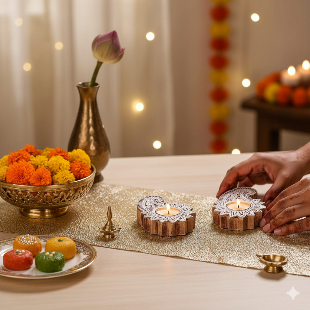 Hand-Carved Paisley Wooden Tea Light Holder (Set of 2)