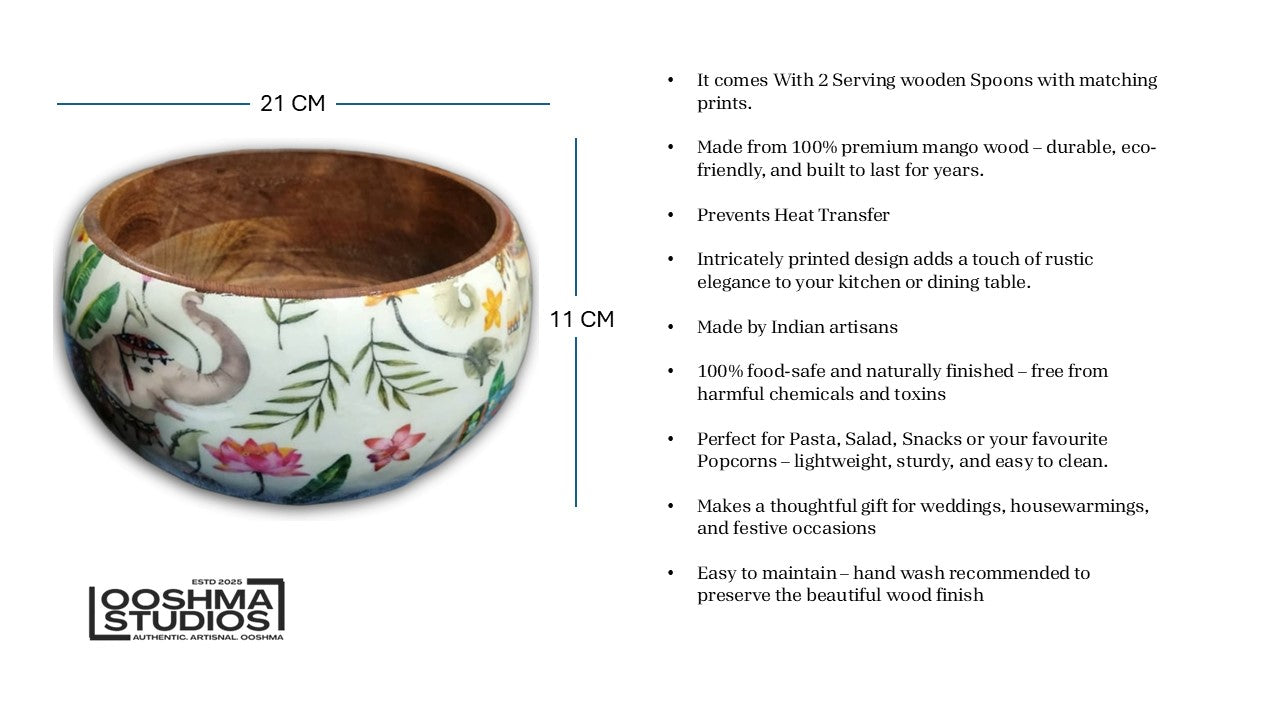 Handcrafted Wooden Bowl with Matching Spoon Set – Multipurpose Kitchen & Dining Storage/Serving Bowl