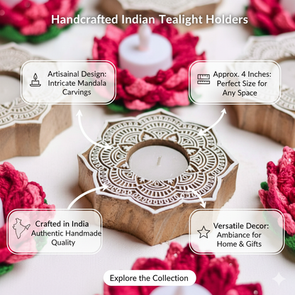 Handcrafted Mandala Wooden Tea Light Holders (Pair)