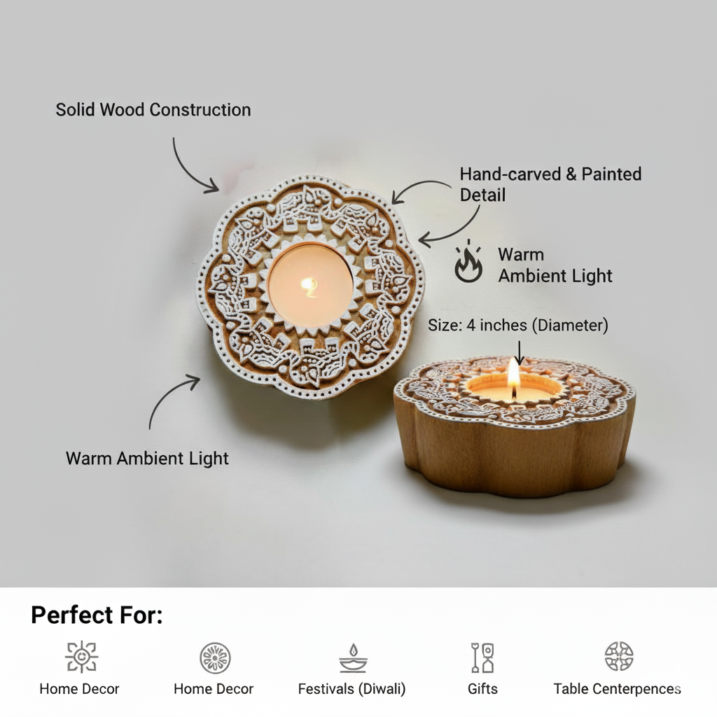 Bohemian Wood Candle Holder - 4-Inch Decorative Votive for Home Decor