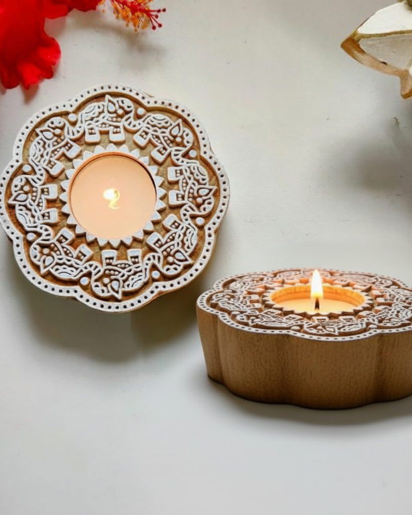 Bohemian Wood Candle Holder - 4-Inch Decorative Votive for Home Decor