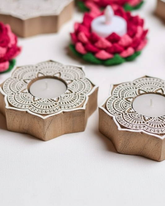 Handcrafted Mandala Wooden Tea Light Holders (Pair)