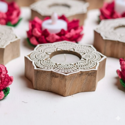 Handcrafted Mandala Wooden Tea Light Holders (Pair)
