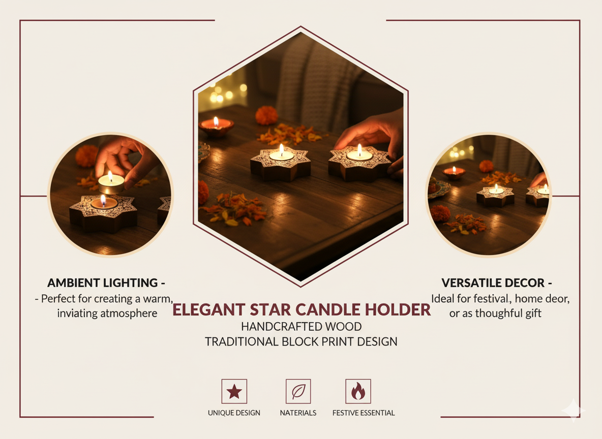 Star-Shaped Wooden Diya / Tealight Candle Holders (Set of 2)