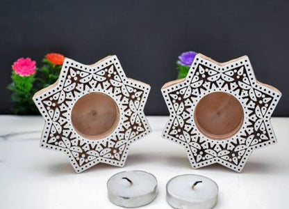 Star-Shaped Wooden Diya / Tealight Candle Holders (Set of 2)