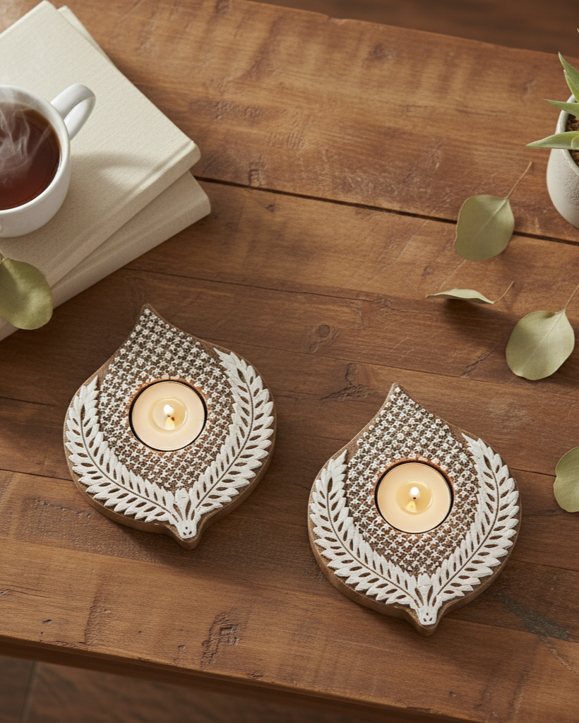 Artisan Hand-Carved Wood Teardrop Tealight Candle Holder | Boho Engraved Design