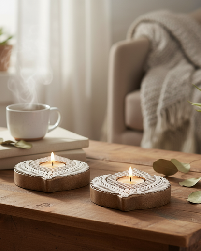 Artisan Hand-Carved Wood Teardrop Tealight Candle Holder | Boho Engraved Design