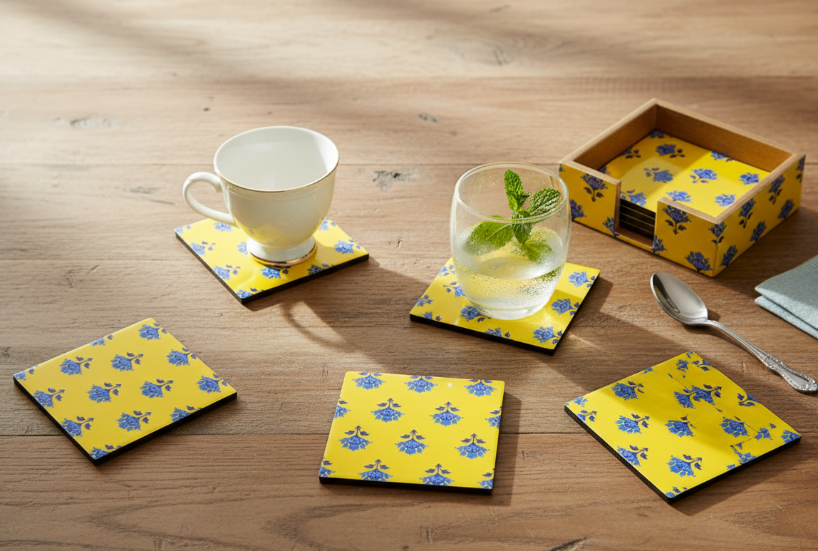Handcrafted Square MDF Coasters – Set of 6 coasters | Durable & Stylish Drink Coasters | The Yellow Bloom Collection