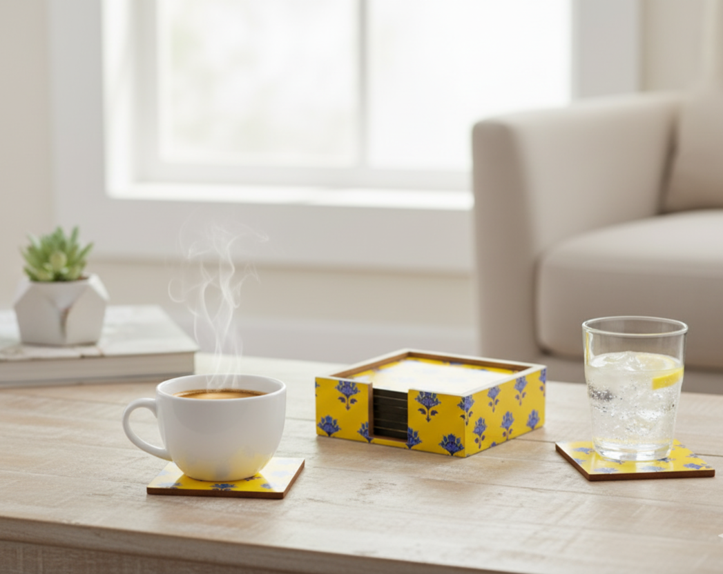 Handcrafted Square MDF Coasters – Set of 6 coasters | Durable & Stylish Drink Coasters | The Yellow Bloom Collection